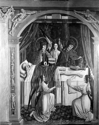 A verger's dream: Saints Cosmas and Damian performing a miraculous cure by transplantation of a leg. Oil painting attributed to the Master of Los Balbases, ca. 1495.