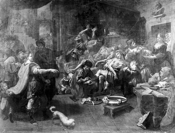 After the suicide of Seneca the Younger, the Emperor Nero orders the arrest of the suicide of Seneca's wife Pompeia Paulina. Oil painting by an Italian painter, ca. 1750.