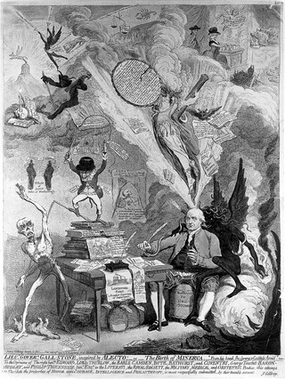 Philip Thicknesse writing at a table, surrounded by demonic apparitions representing aspects of his life. Aquatint by J. Gillray after himself, 1790.