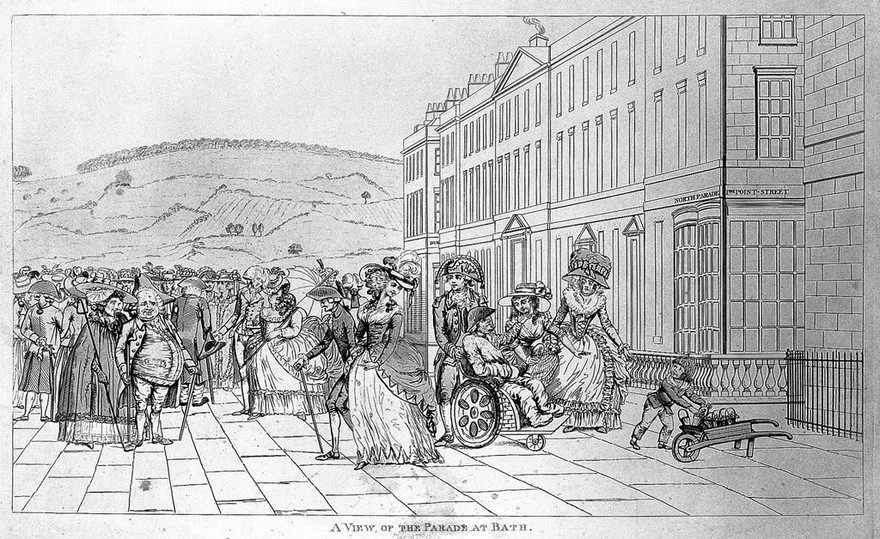 Society figures strolling along the parade, Bath. Coloured etching.