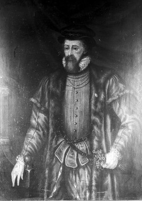 A man designated as William Bullein, rector, writer, and nurse-surgeon to King Henry VIII. Oil painting, ca. 1900 (?).