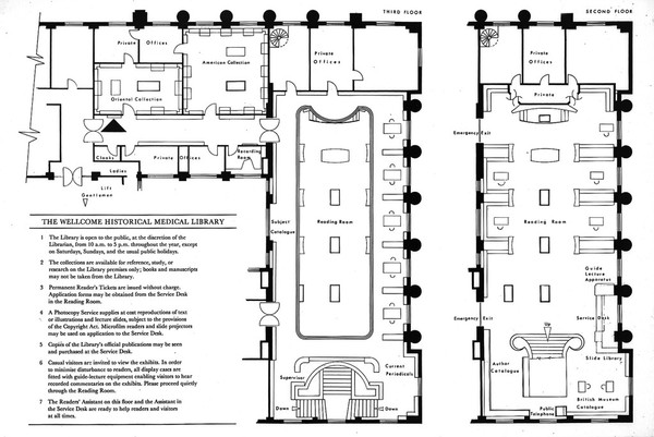 Diagram of groundplans of the Wellcome Institute Library. Second and third floors.