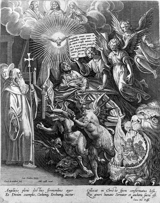 The Holy Ghost in the form of a dove appears as a man lies asleep in bed, causing the demons to flee. Etching by Karel van Mallery after Jan van der Straet.