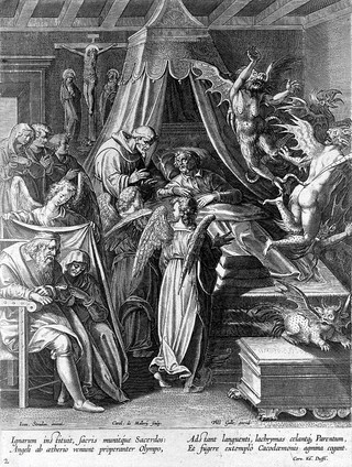 A dying man in bed is given the last rites by a monk who is accompanied by angels. Etching by Karel van Mallery after Jan van der Straet.