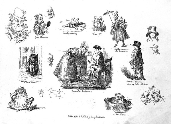 Fifteen vignettes relating to child care, domestic medicine, effects of alcohol and eating. Etching by G. Cruikshank after himself.