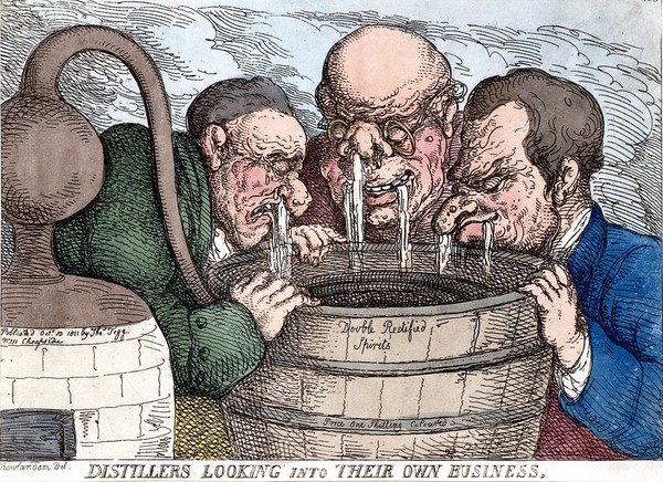 Three distillers with streams running from their noses and mouths into a tub of "double rectified spirits". Coloured etching, 1811, after T. Rowlandson.