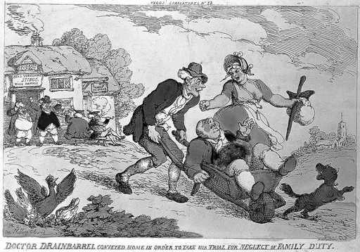 A drunken Doctor Drainbarrel is placed in a wheelbarrow and carted home. Coloured etching by T. Rowlandson after himself, c. 1800.