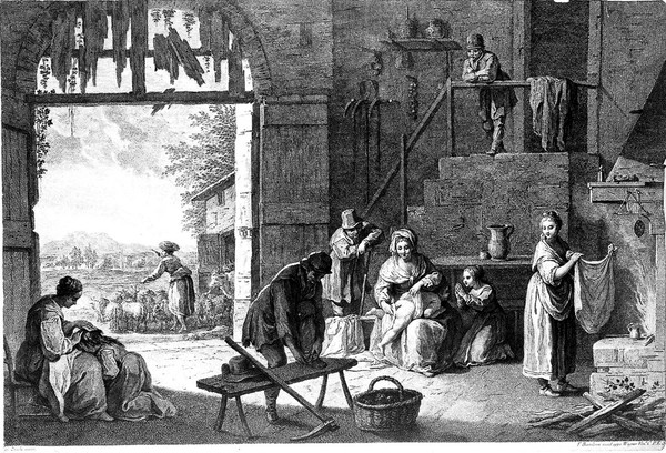A peasant family in a farm-house. Etching by F. Bartolozzi after G. Zocchi.