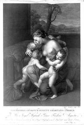 A woman breast feeding one child and holding two others; representing charity. Engraving by R. Morghen, 1795, after A. Allegri, il Correggio.