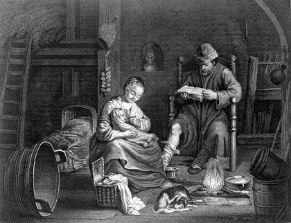 A woman feeding her baby while her husband reads a book in a rural domestic environment. Engraving by P.A. Le Beau after A. de Gelder.