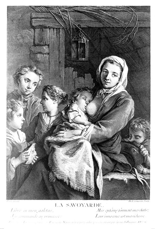 A poor woman in a dingy attic, surrounded by her children, one of whom she is breast-feeding. Engraving by N. de Larmessin III after J. Pierre.