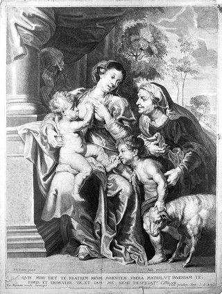 The Virgin Mary breast feeding Christ while John the Baptist and Saint Elizabeth gaze at him in wonder. Engraving by J. Witdoeck after P.P. Rubens.