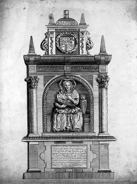 A monument to Lady Margaret Legh who is holding a babe to her chest. Etching by JB, 1794, after a tomb sculpture, 1603.