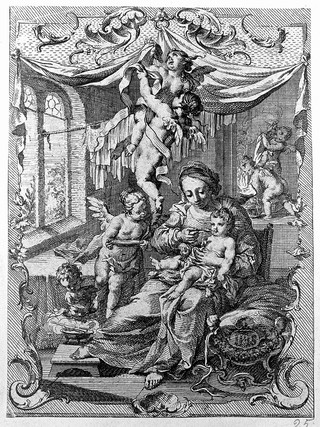 The Virgin Mary feeding Christ as a baby, angels and putti flutter around preparing and serving dishes. Etching.