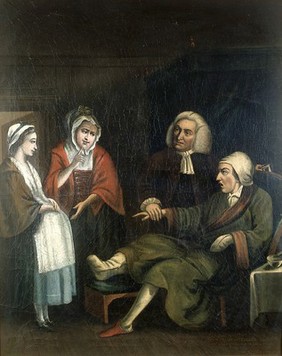 A physician (William Cullen?) taking the pulse of a gouty bachelor as he receives a paternity claim. Oil painting formerly attributed to John Kay.