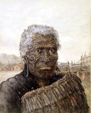 view Te Kuha: a carver and warrior. Watercolour by H.G. Robley.