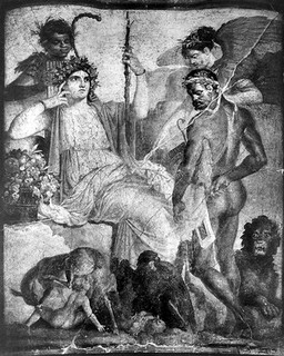 Telephus (son of Hercules) being suckled by a doe in the temple of Athena where as an infant he was left to die. Colour photogravure after a mural at Herculaneum.