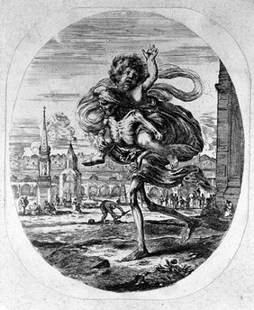 Death carries off a child on his back. Etching by Stefano Della Bella.