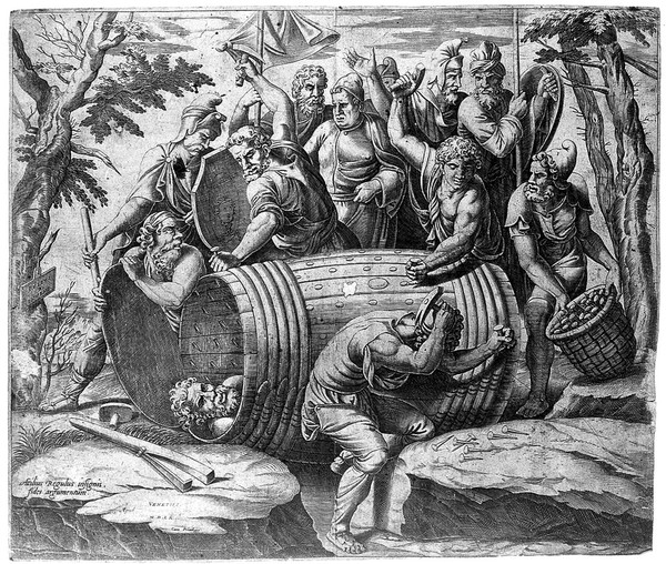 Marcus Atilius Regulus placed in a barrel lined with iron spikes with soldiers fitting more nails on the barrel and closing the lid. Line engraving after Giulio Romano, 1560.