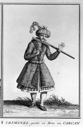 Four figures: the Great Emir of the Arabs of the desert; a criminal manacled at the neck in Persia; an itinerant dervish; a monk of the order of Edemites. Engraving by J. Folkema, 17--.