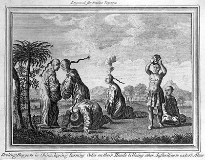 Chinese men seeking alms by threatening to kill themselves by self-mutilation}: (left to right) two men hitting their heads against each other; a man kneeling to hit his head against a rock; a man with burning herbs on his head; a standing man hitting his head with a rock. Engraving after J. Nieuhof.