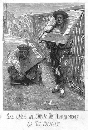 Two Chinese men carrying the cangue around their necks as a punishment. Wood engraving after John Thomson.