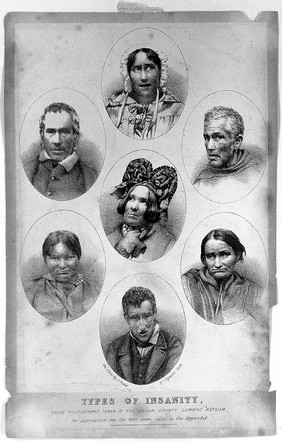 Seven vignettes of people suffering from different types of mental illness. Lithograph by W. Spread and J. Reed, 1858.