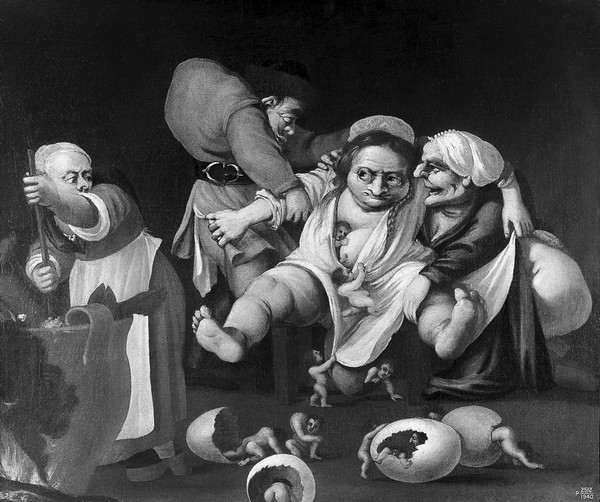 A grotesque accouchement. Oil painting.