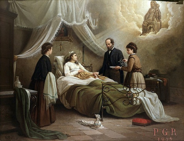 A woman in bed in a sick-room, attended by a physician, receiving the blessing of the Madonna del Parto. Oil painting by R. Pistoni, 1872.