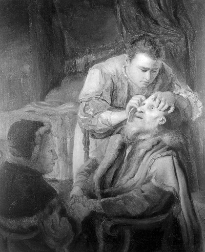 Tobias curing the blindness of Tobit, with Anna. Oil painting after G.W. Horst.