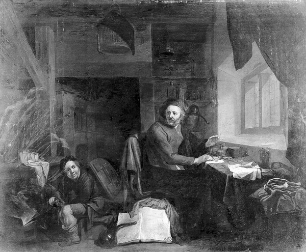 An alchemist making gold. Oil painting by Hendrik Heerschop, 1665.