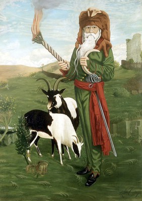 William Price of Llantrisant, in druidic costume, with goats. Oil painting by A C Hemming, 1918.