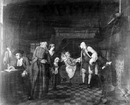 Interior with a medical practitioner attending to a sick man in the presence of other figures. Oil painting by Jan Josef Horemans I, 1751.