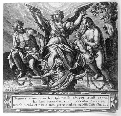 A winged figure is flanked by Adam and Eve whose legs are chained by Death. Etching by C. de Pass.