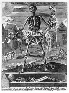 Death holds a scroll while standing at an open grave. Etching.