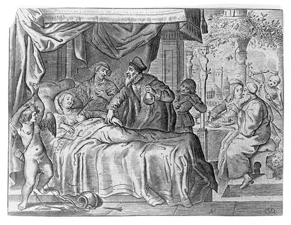 A woman whose chest is pierced by an arrow is being treated by a doctor. Etching by Crispyn van den Queborne after Adriaen Pietersz van de Venne.