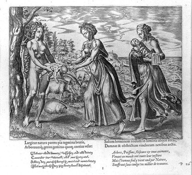 A woman representing Nature gives a baby to a mother; representing man's vulnerable and naked birth. Engraving by P. Galle, 1563.