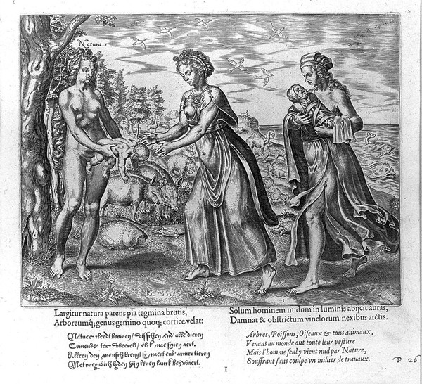 A woman representing Nature gives a baby to a mother; representing man's vulnerable and naked birth. Engraving by P. Galle, 1563.