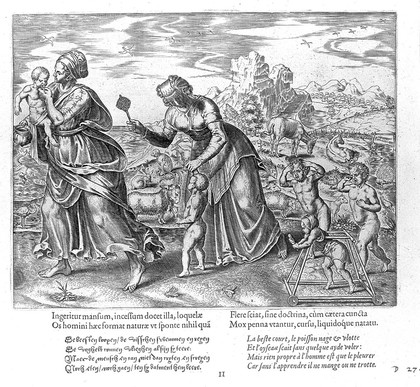 Two mothers with crying babies and one in a walking frame; comparing the human infant's helplessness with the self-sufficiency of newborn animals. Engraving by P. Galle, c. 1563.