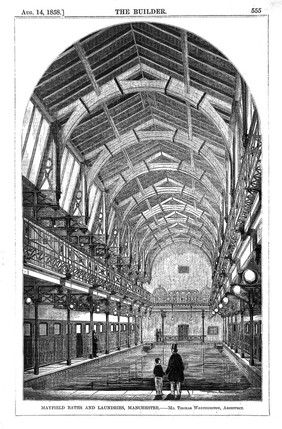 Mayfield baths and laundries, Manchester: interior. Wood engraving by W.E. Hodgkin, 1858, after B. Sly after T. Worthington.