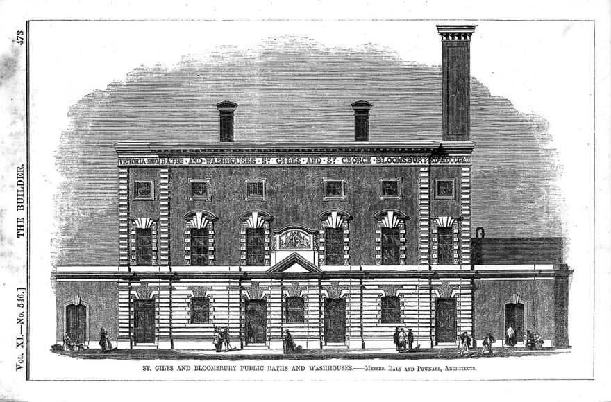 Public baths and wash-houses for the adjacent parishes of Saint Giles-in-the-Fields and St George Bloomsbury, London: elevation. Wood engraving, 1853.