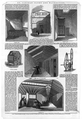 St. Pancras baths and washhouses: interior bath, street entrance to the building, superior bath, wringing machine, ironing and drying-room, hot air machine and washing-room. Wood engravings, 1846.