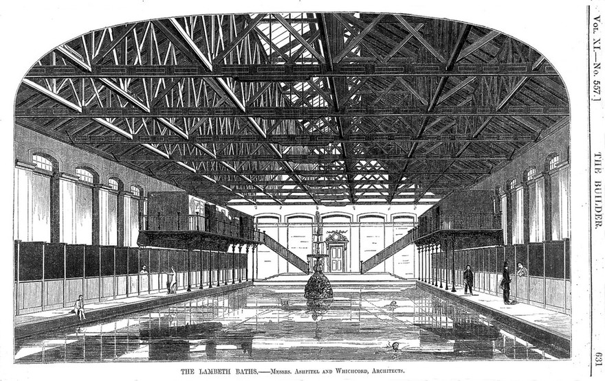 Interior of Lambeth baths. Wood engraving by W. E. Hodgkin, 1853.