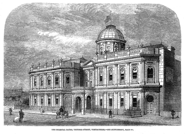The oriental baths at Victoria Street, Westminster. Wood engraving.