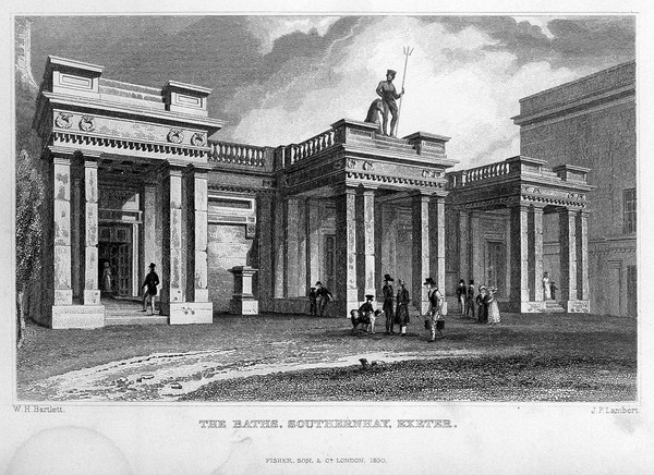 Baths, Southernhay, Exeter. Engraving by J.F. Lambert, 1830, after W.H. Bartlett.