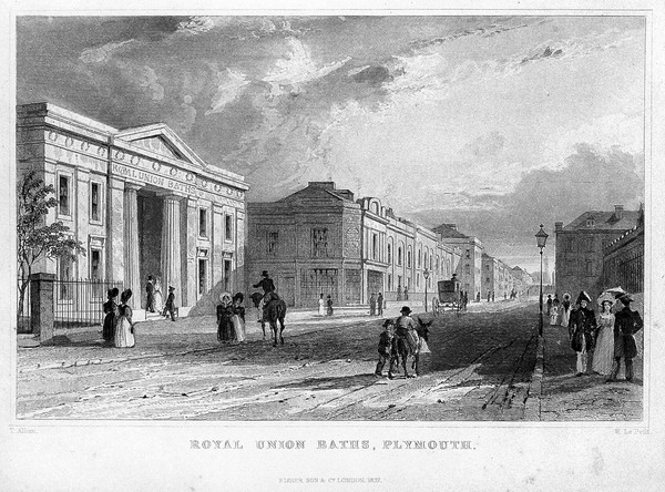 Royal Union Bath, Plymouth: part of the main street. Etching by W. Le Petit after T. Allom.