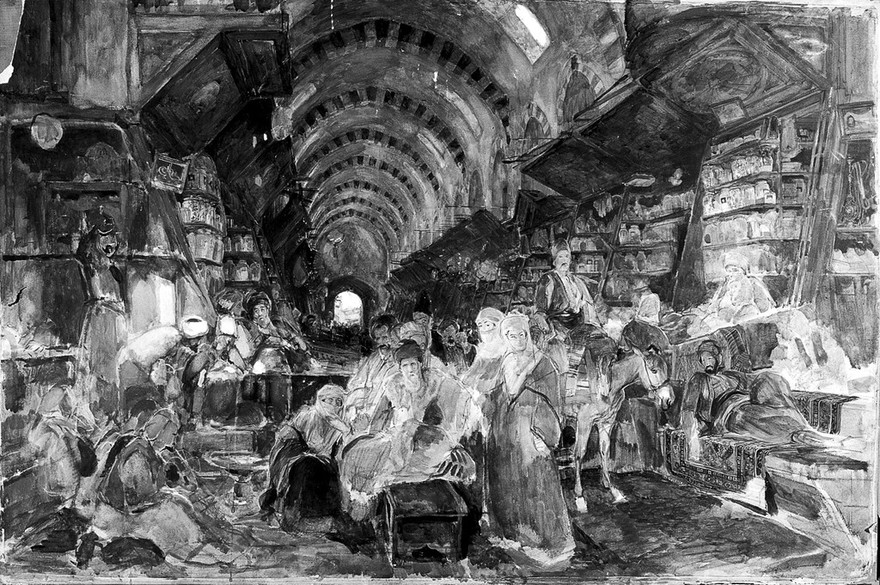 The Egyptian or drug bazaar at Constantinople. Watercolour by J. F. Lewis.
