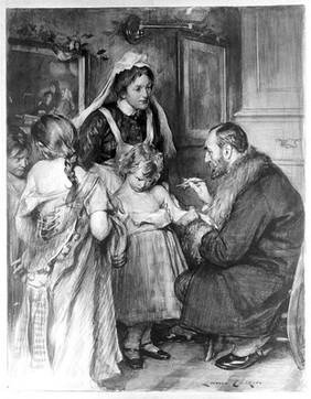 A man vaccinating a small girl, other girls with loosened bodices wait their turn apprehensively. Gouache by L. Calkin, ca. 1901.