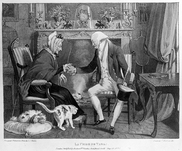 An old gentleman visitor offering snuff to an old woman at her fireside. Coloured lithograph by J. J. Chalon, c. 1821, after himself.