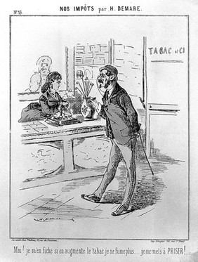 A Frenchman in a tobacconist's declares he will take snuff to defy the increasing tax on tobacco. Coloured lithograph after H. Demare, c. 1870.